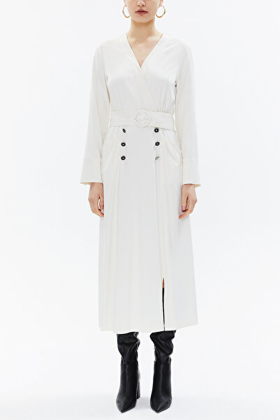 SOCIETA Ekru Anvelop kapama kemerli midi elbise 93322