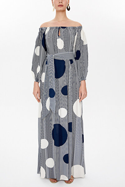 SOCIETA Çizgili Kayık yaka uzun elbise 93111