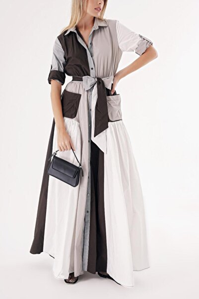 SOCIETA Karışık Renkler Kontrast kumaş kombinli büzgülü gömlek elbise 94494