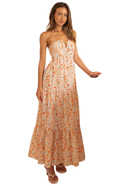 Song Feng Ya Sleeveless V-neck Long Dress Orange Floral Pattern M Size