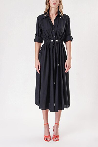 SOCIETA Black Elasticated Waist Shirt Dress with Snap Details 94218