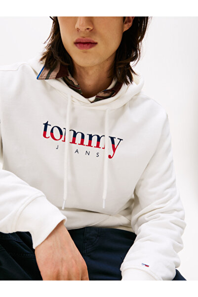 Tommy Hilfiger Erkek Marka Logolu Kapüşonlu Şık Görünüşlü Beyaz Sweatshirt DM0DM22113 YBL