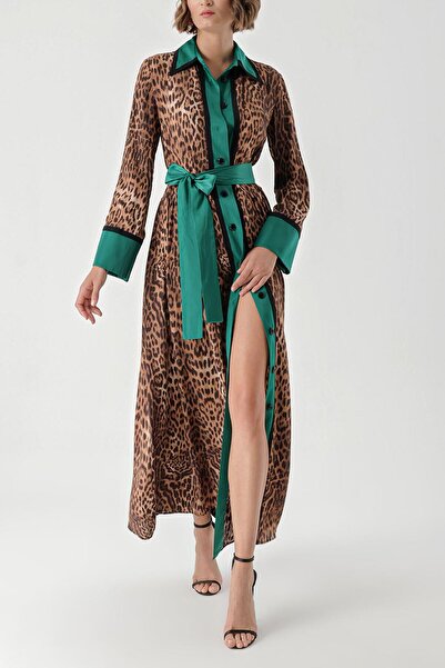 SOCIETA Leopar-Yeşil İki renkli Büzgülü uzun elbise 94318