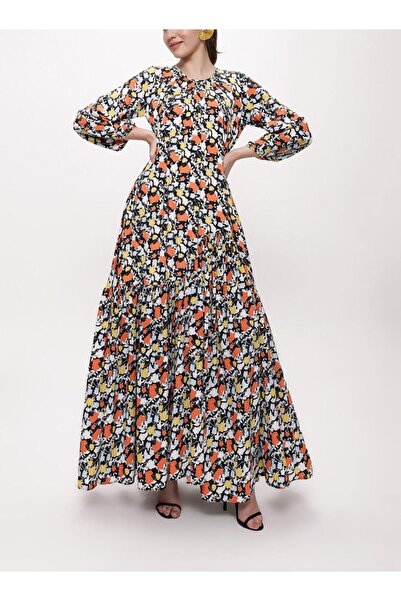 SOCIETA Desenli Büzgülü bol kesim uzun elbise 94105