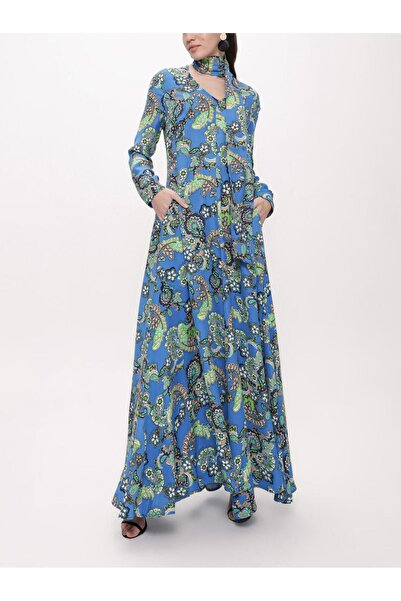 SOCIETA Mavi Godeli V yaka uzun elbise 94171