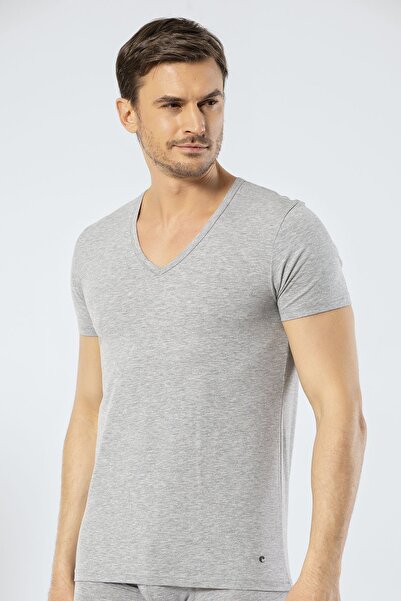 Cacharel 1306 Gray Melange Men's V-Neck Short Sleeve T-shirt
