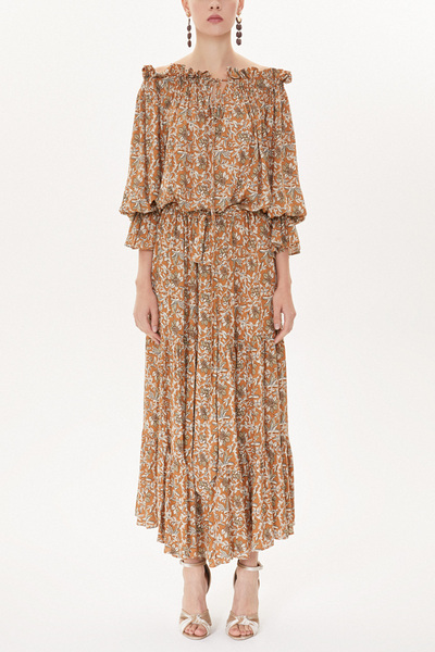 SOCIETA Devetüyü Düşük omuzlu fırfırlı elbise 93465