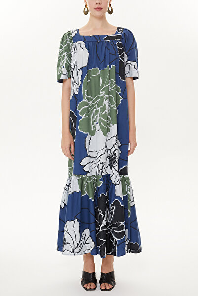 SOCIETA Lacivert Ekru Yarım kollu bol kesim elbise 93437