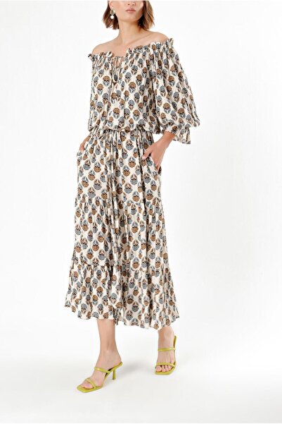 SOCIETA Ekru Düşük omuzlu fırfırlı elbise 93465