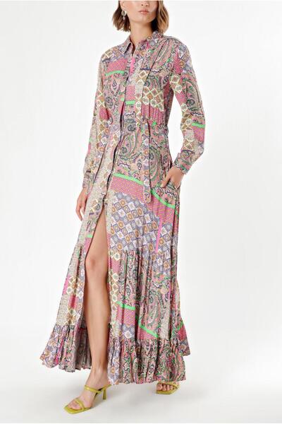 SOCIETA Desenli Kapitone dikiş detaylı büzgülü gömlek elbise 94203