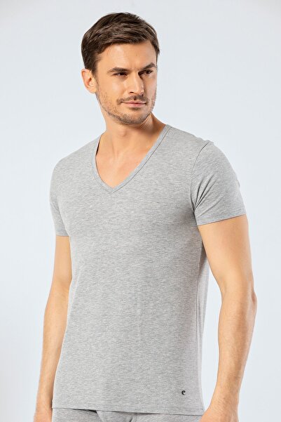 Cacharel 1306 Gray Melange Men's V-Neck Short Sleeve T-shirt