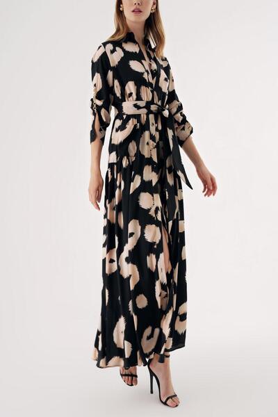 SOCIETA Desenli Büzgülü zincir aksesuar detaylı uzun gömlek elbise 94568