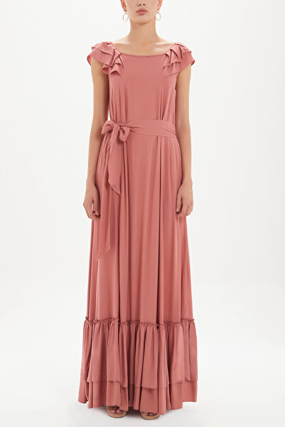 SOCIETA Somon Omuzları fırfırlı uzun elbise 92390