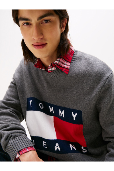 Tommy Jeans % 100 Pamuk Regular Fit Bisiklet Yaka Logolu Kazak Erkek KAZAK DM0DM22105 PU2