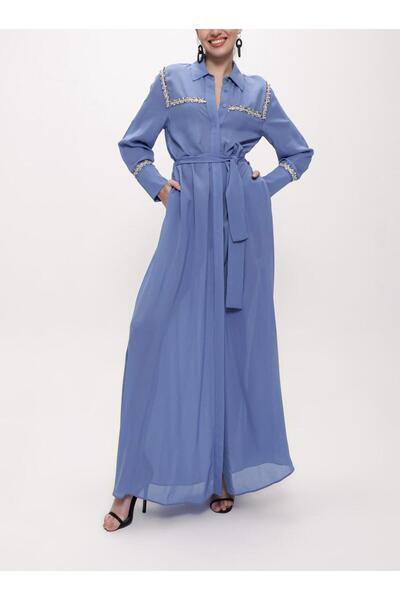 SOCIETA Mavi Şerit aksesuarlı kemerli uzun gömlek elbise 94153