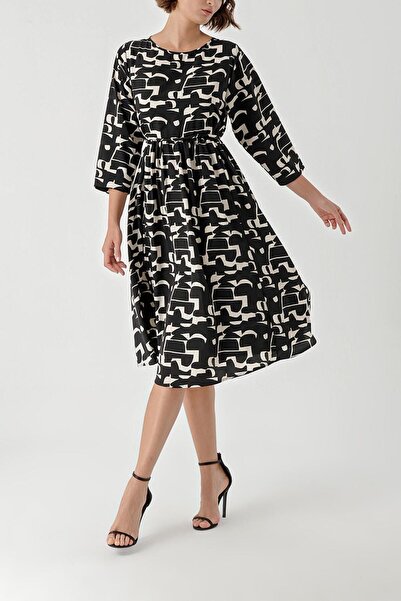 SOCIETA Siyah Ekru Loose fit dress with tassel belt detail 94366