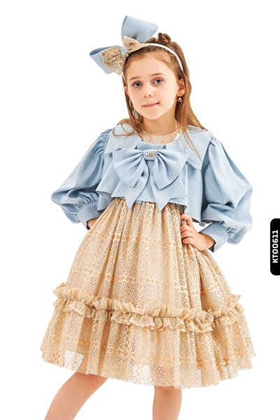 Belladonna Bundled Pointed Collar Gathered Sleeves Openwork Ruffle Dress 3-Piece Girl's Dress 3-7 Years 2807