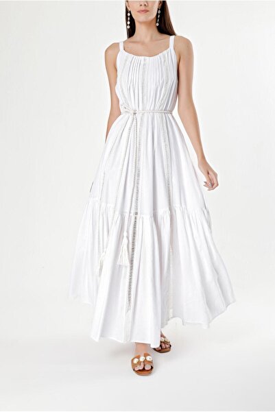 SOCIETA Beyaz Kolsuz dantel detaylı vual elbise 93928