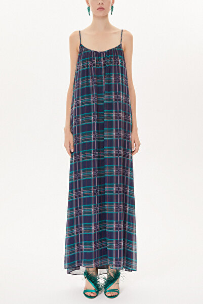 SOCIETA Lacivert Zemin Çizgili Askılı bol kesim elbise 93476