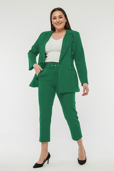 SİZ Yeşil Büyük Beden Tek Düğme Ceket Kemerli Cepli Havuç Pantolon Takım Elbise