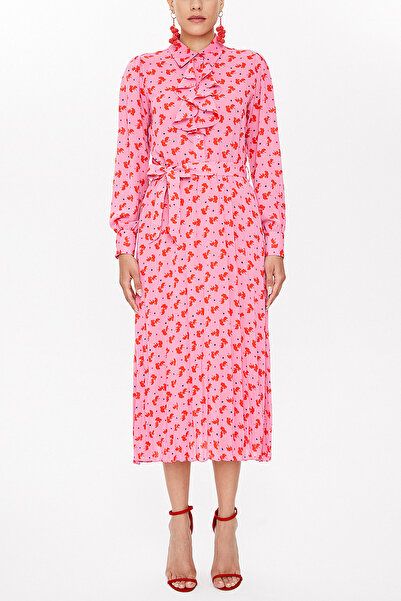 SOCIETA Pembe Önü fırfırlı midi elbise 93076