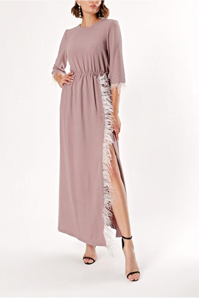 SOCIETA Vizon Yırtmaçlı ve tüy detaylı uzun elbise 92575