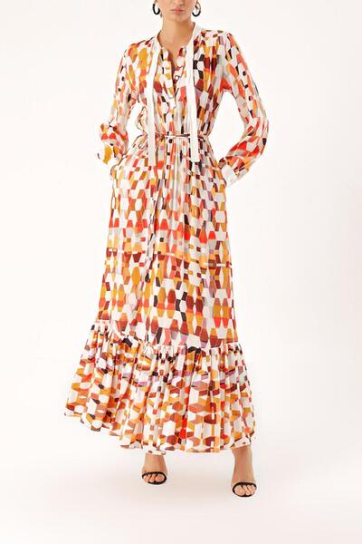 SOCIETA Desenli Beli lastikli büzgülü elbise 94253