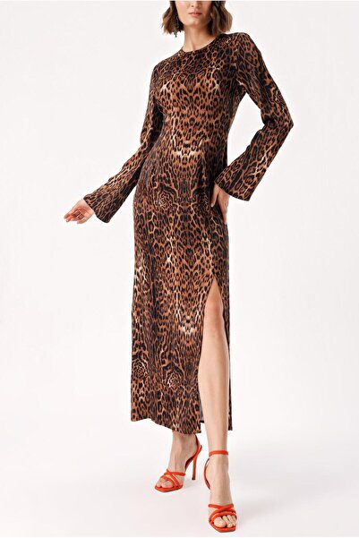 SOCIETA Leopar Uzun vücuda oturan yırtmaç detaylı elbise 94379