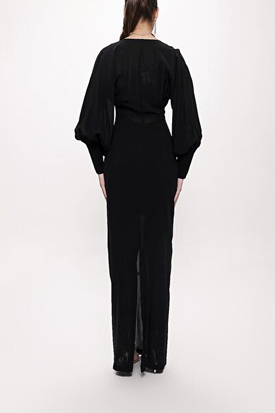 SOCIETA Black V-neck Long Dress With Corset Detail 94163