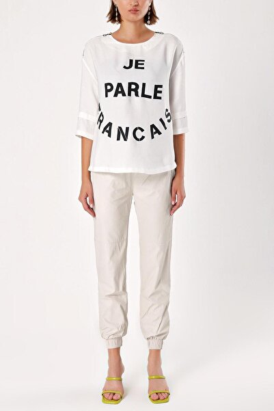 SOCIETA Ekru Baskılı dirsek kol t-shirt 19413