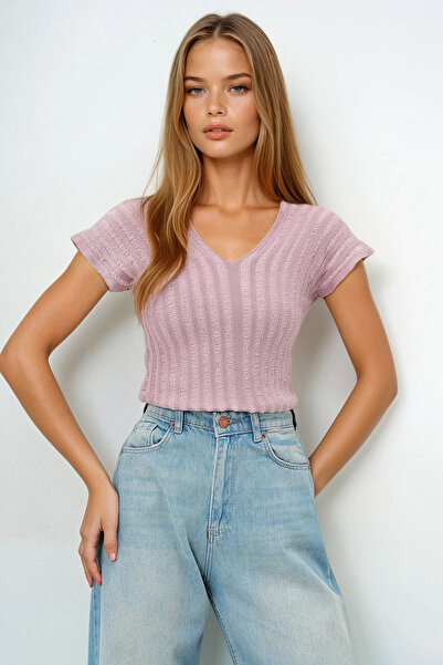 VAGGON Жіночі порошкові передня частина спини V-подібним вирізом ажурний літній светр блузка блузка Prmx14147