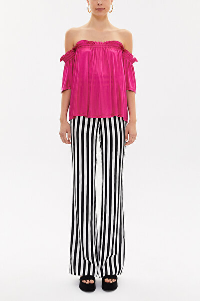 SOCIETA Fuşya Lastikli düşük omuz örme bluz 19702