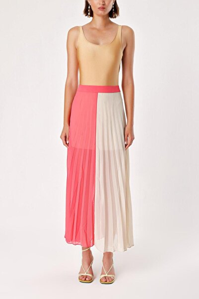 SOCIETA Beige Red Pleated zipper long skirt 80503