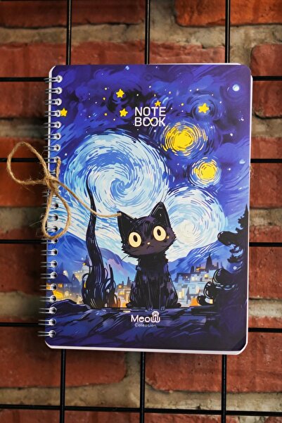 DİVAL A5 Spiral Cardboard Cover Set of 4 - 2 Squared, 2 Lined, Lesson Planned Note School Notebook - with Meow Cat