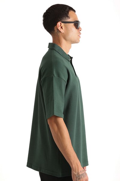 EGHO Chest Mykonos Embroidery Detailed Double Pique Fabric Loose Fit Men's Polo Neck T-Shirt