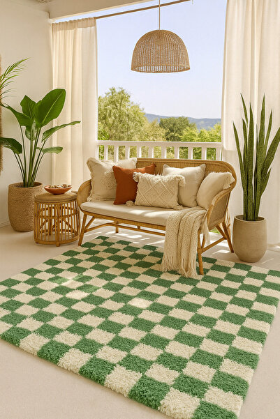 EUROBANO Chess Dama Desenli Kemik-yeşil Salon Oturma Odası Yatak Odası Koridor Makine Halısı Yolluk Shaggy