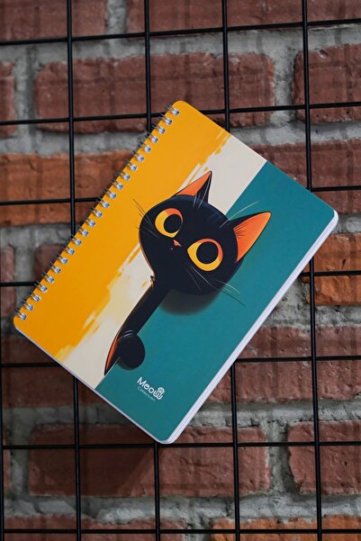 DİVAL A5 Spiral Cardboard Cover Set of 4 - 2 Squared, 2 Lined, Lesson Planned Note School Notebook - with Meow Cat