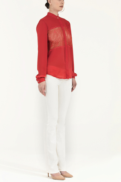 SOCIETA Kırmızı Dantelli bol kesim saten gömlek 10606