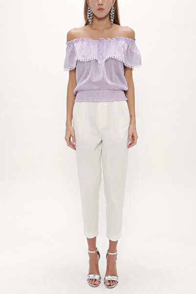 SOCIETA Lila Dantelli düşük omuz bluz 19473