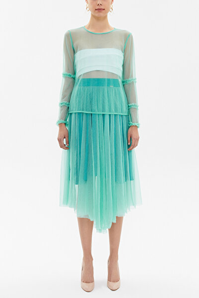 SOCIETA Yeşil Kolları büzgülü tül bluz 19657