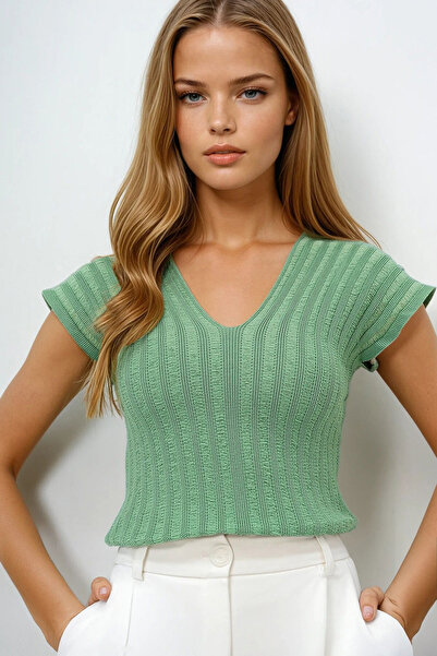 VAGGON Γυναικεία Πράσινη Φιστίκι Μπροστινή Πίσω Πλεκτή Μπλούζα με λαιμόκοψη V με λαιμόκοψη Prmx14147