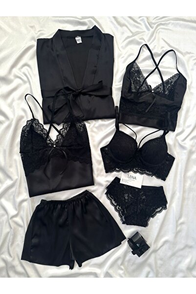 Lena Homewears Siyah Vanessa Kadın Saten Gecelik Sabahlık Çeyiz Seti