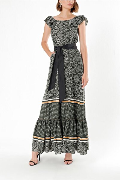 SOCIETA Yeşil Omuzları fırfırlı uzun elbise 92390