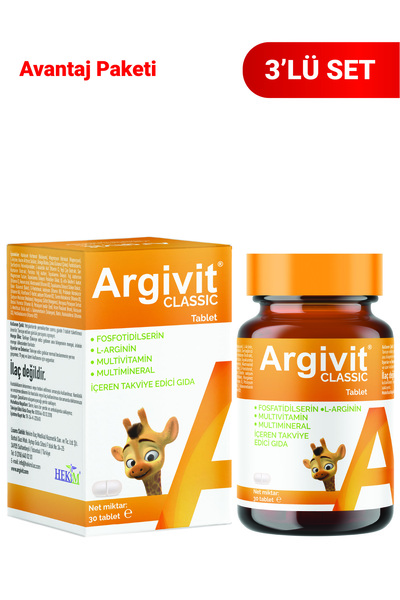 Argivit Classic Fosfotidilserin, L-Arjinin, Multivitamin ve Multimineral İçeren Tablet 3’lü Paket 30 Tablet
