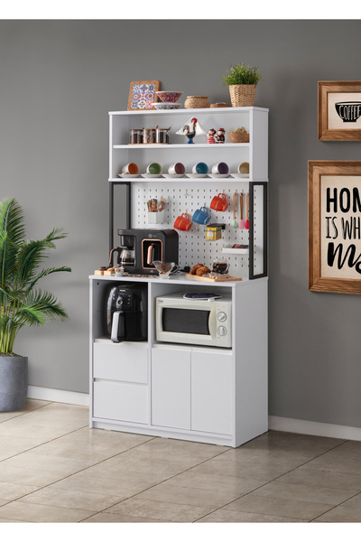 benim odam Diva Kahve Köşesi Kapaklı Çekmeceli Kupa Askılı Çok Amaçlı Airfryer Mikrodalga Mutfak Dolabı Beyaz