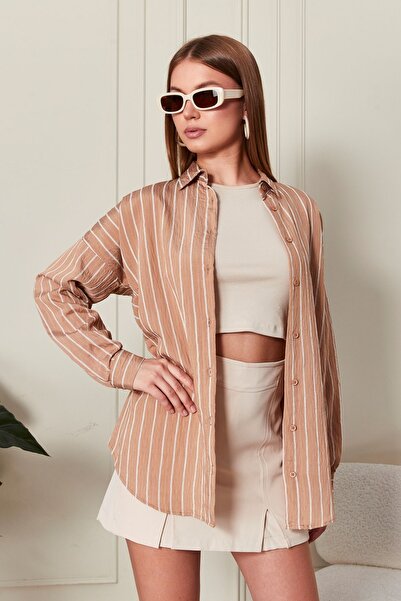 COMBİNE MİCHAİL Cămașă de damă cu dungi bej, potrivită pentru toate anotimpurile