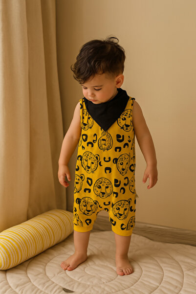 rg kidsstore Bebek Unisex Pamuk Kaplan Baskılı Tulum ve Boyunluk