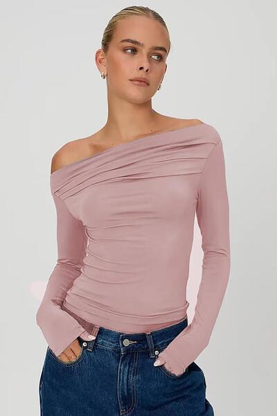 Seeh Pudra Kayık Yaka Büzgülü Kadın body Sh225