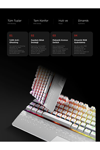 Rampage Carbon Rgb Red Switch Bilek Destekli Hot Swap Gaming Klavye Mekanik Klavye Oyuncu Klavyesi-beyaz