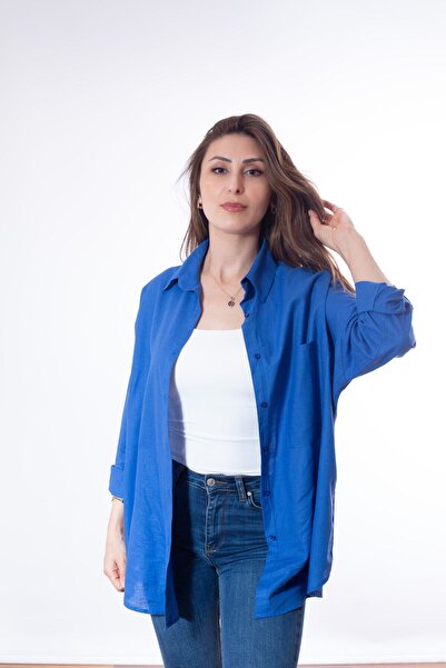Justime Women's Oversize Cotton Linen Saks Blue Shirt (100% Flannel)